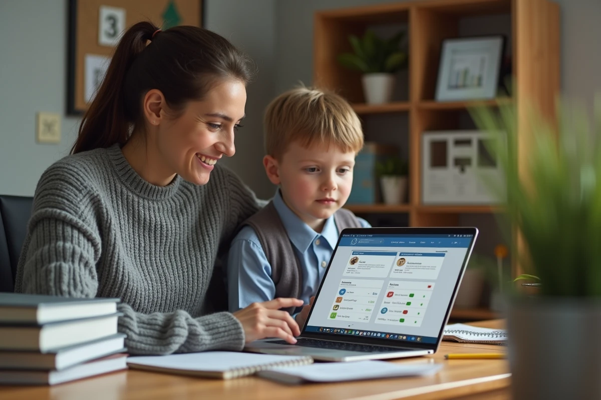 Parent et enfant consultant ensemble un espace numérique de travail scolaire depuis un ordinateur à la maison