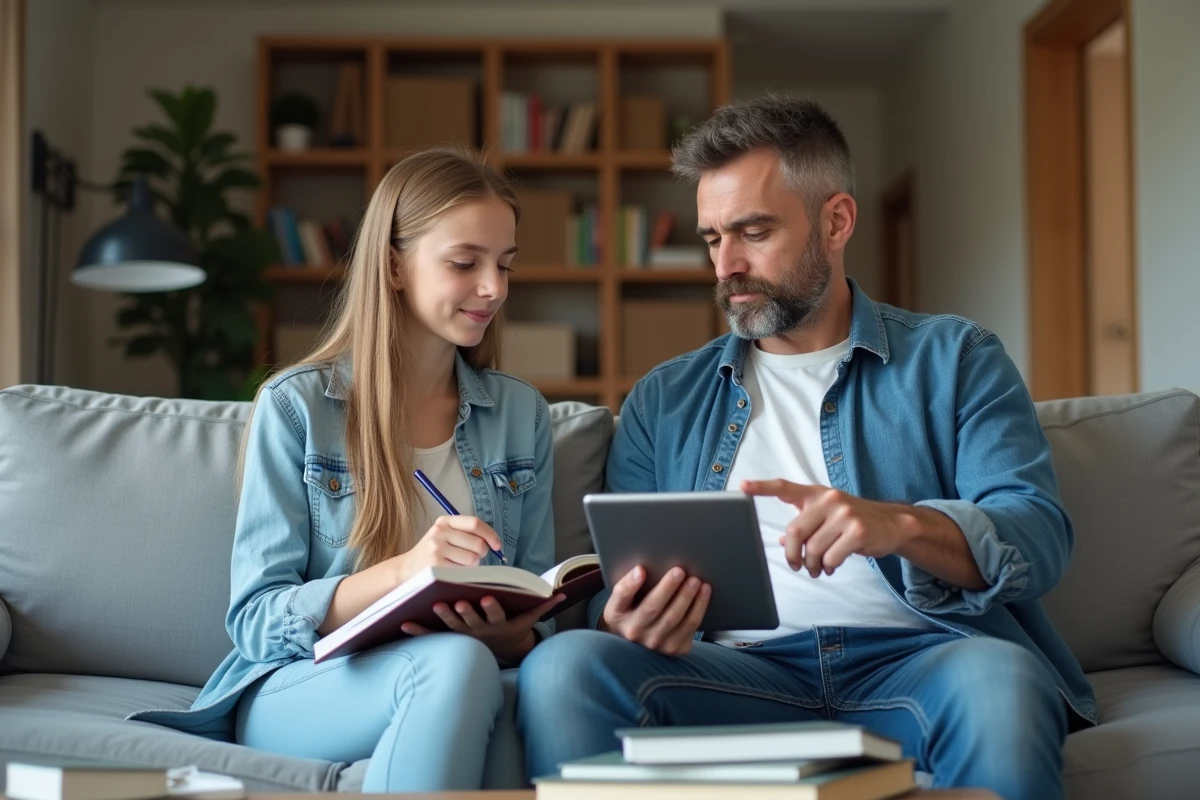 Père et fille adolescente consultant ensemble la plateforme Maclasse.fr sur une tablette pour la rentrée 2026