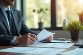 Personne élégante examinant des documents officiels dans un bureau lumineux