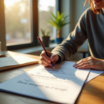 Personne concentrée écrivant ses objectifs sur un carnet dans un bureau lumineux