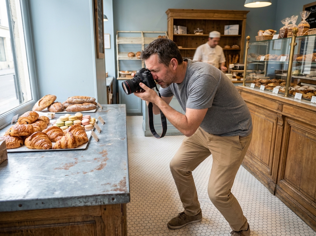 Photographe culinaire professionnel en séance commerciale dans une boulangerie artisanale de Toulouse