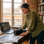 Photographe freelance féminine travaillant sur ses retouches dans un appartement haussmannien de Toulouse avec vue sur les toits en brique rose