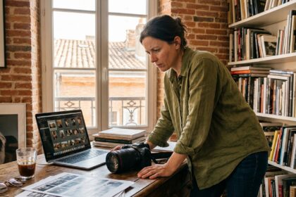 Photographe freelance féminine travaillant sur ses retouches dans un appartement haussmannien de Toulouse avec vue sur les toits en brique rose