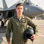Jeune pilote de chasse en combinaison de vol devant un avion militaire sur le tarmac d'une base aérienne