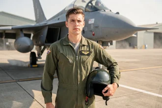 Jeune pilote de chasse en combinaison de vol devant un avion militaire sur le tarmac d'une base aérienne