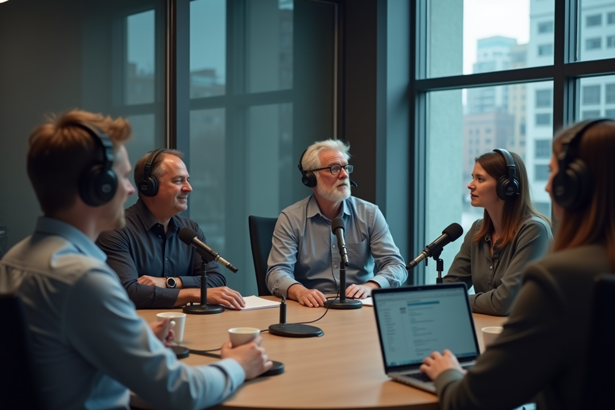 Groupe de personnes en studio podcast avec ville en arrière-plan