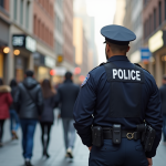 Policier dans la ville lors de la journée avec piétons