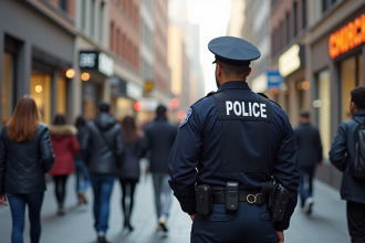 Policier dans la ville lors de la journée avec piétons