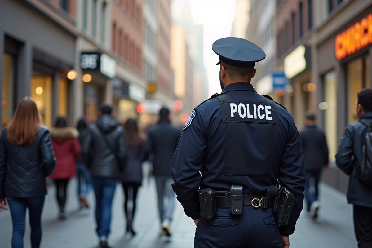 Policier dans la ville lors de la journée avec piétons