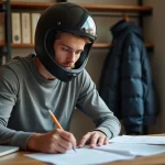 Jeune homme préparant le code de la route moto avec des fiches de révision et un livret du code sur un bureau en bois