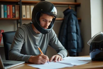 Jeune homme préparant le code de la route moto avec des fiches de révision et un livret du code sur un bureau en bois
