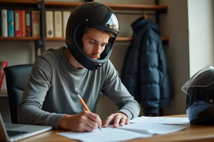 Jeune homme préparant le code de la route moto avec des fiches de révision et un livret du code sur un bureau en bois