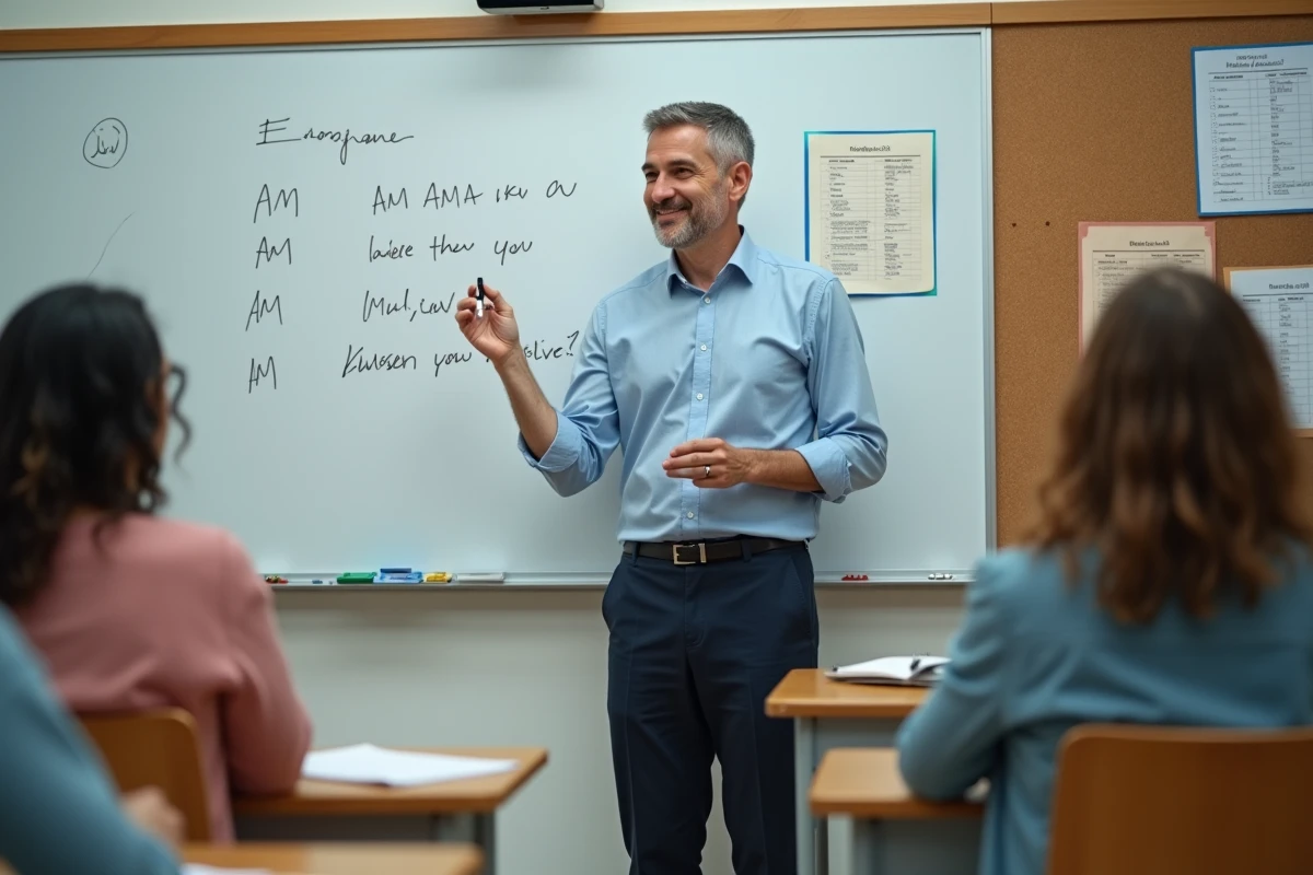 Professeur d'anglais expliquant la grammaire au tableau blanc dans une salle de classe