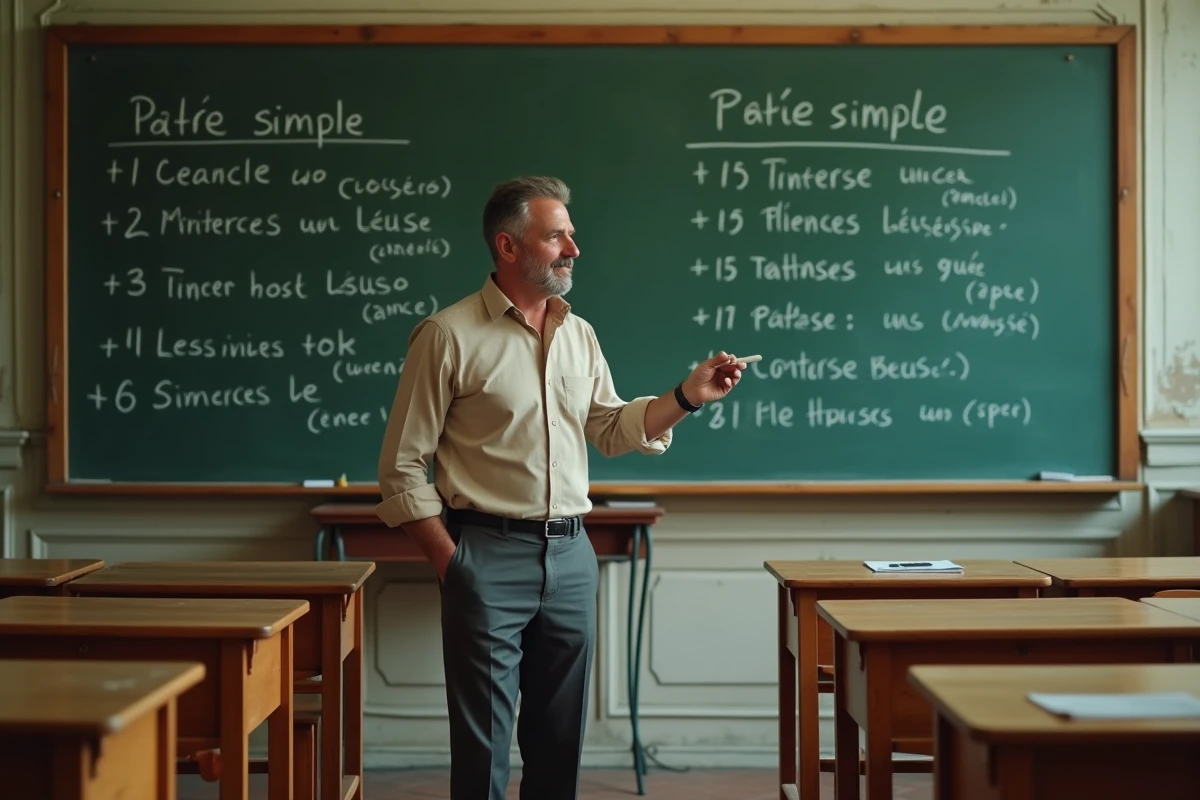 Professeur de français expliquant la conjugaison du passé simple de rejoindre au tableau dans une salle de classe