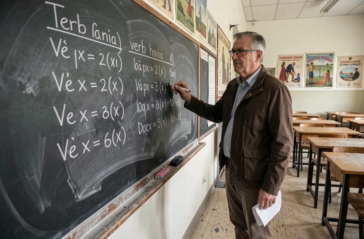 Professeur de français au tableau écrivant les formes conjuguées du passé simple en classe de grammaire scolaire