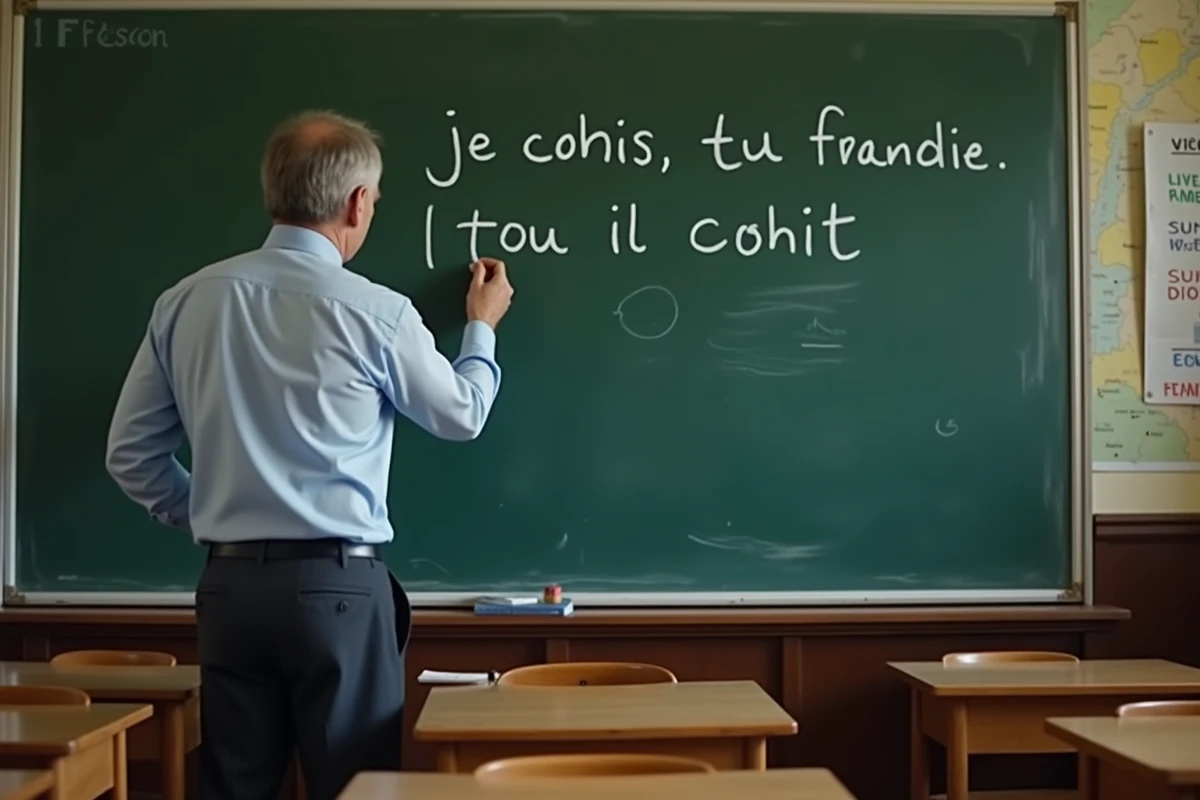 Professeur écrivant les terminaisons du passé simple du verbe choisir au tableau dans une salle de classe de français