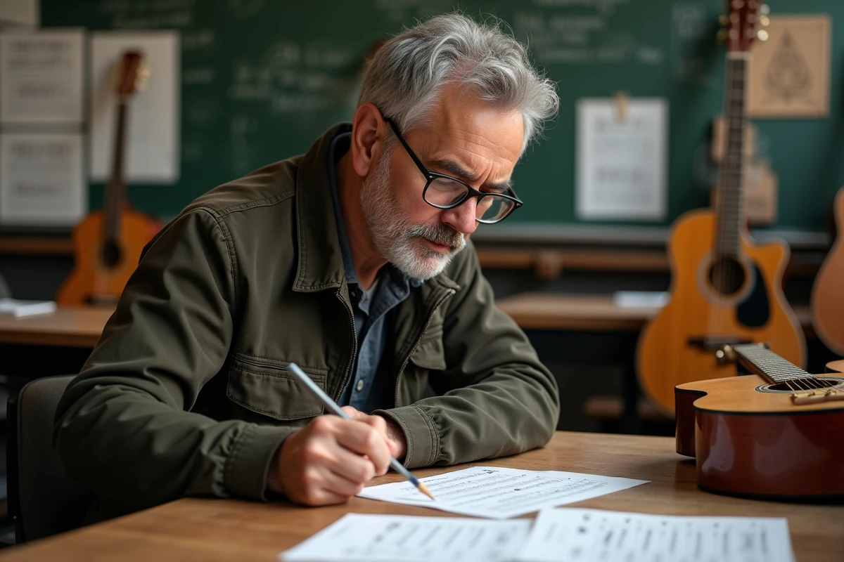 Professeur de guitare annotant une tablature fingerstyle Let It Be des Beatles dans une salle de cours de musique