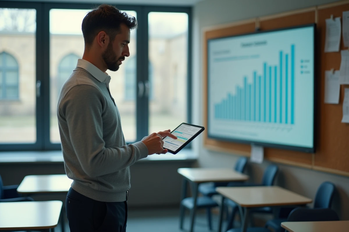 Professeur consultant ses points barème et échelons sur tablette dans une salle des professeurs