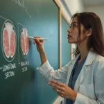 Jeune professeure de biologie montrant des diagrammes colorés