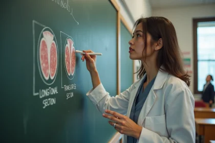 Jeune professeure de biologie montrant des diagrammes colorés