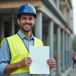 Professionnel du BTP tenant une certification reconnue sur un chantier de construction actif