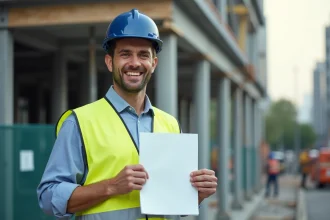 Professionnel du BTP tenant une certification reconnue sur un chantier de construction actif