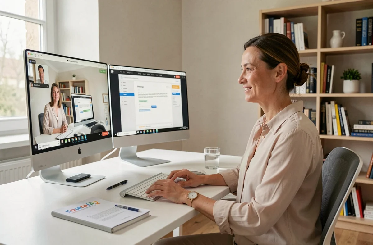 Femme en formation d'anglais professionnel à distance avec Projetis depuis son domicile en Centre-Val de Loire