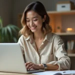 Femme cherchant une formation professionnelle sur un site internet depuis son bureau à domicile