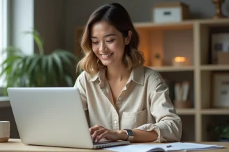 Femme cherchant une formation professionnelle sur un site internet depuis son bureau à domicile