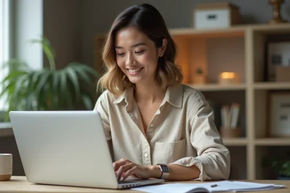 Femme cherchant une formation professionnelle sur un site internet depuis son bureau à domicile