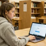 Étudiante en bibliothèque universitaire cherchant à récupérer son mot de passe sur la plateforme Moodle Egreta