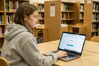 Étudiante en bibliothèque universitaire cherchant à récupérer son mot de passe sur la plateforme Moodle Egreta