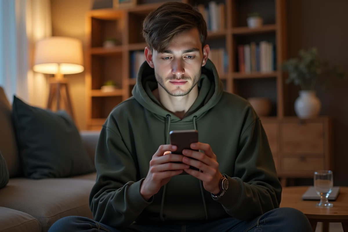 Personne perplexe consultant l'écran de récupération de mot de passe sur son smartphone depuis son canapé
