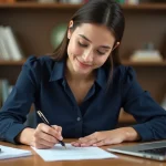 Jeune femme rédigeant une lettre de motivation manuscrite à son bureau, stylo en main, atmosphère studieuse et professionnelle