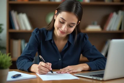 Jeune femme rédigeant une lettre de motivation manuscrite à son bureau, stylo en main, atmosphère studieuse et professionnelle