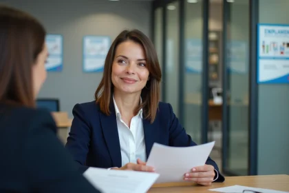 Femme en rendez-vous d'accompagnement avec un conseiller Solerys Pôle emploi dans un bureau moderne