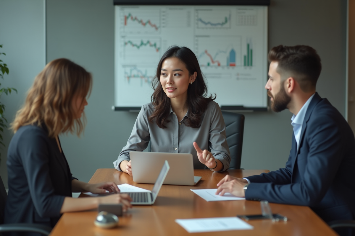 Jeune analyste femme en réunion avec collègue en discussion