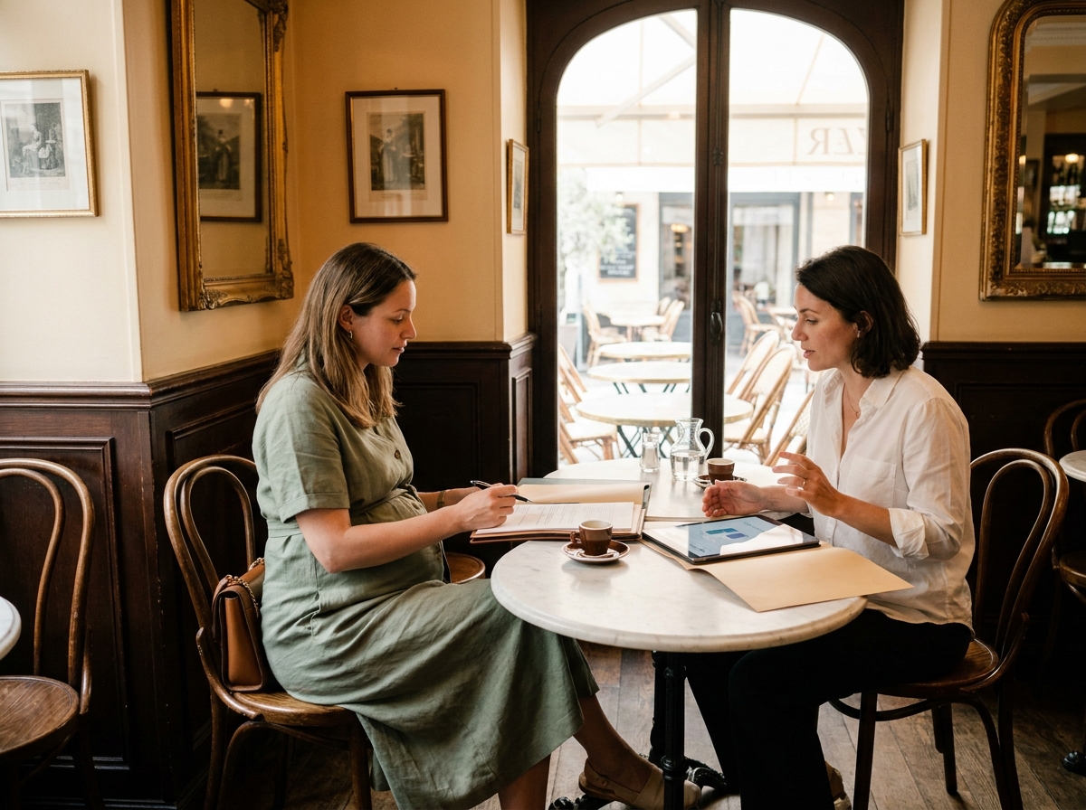 Consultation professionnelle entre une femme enceinte en portage salarial et une conseillère dans un café parisien, échangeant sur la protection sociale et la maternité