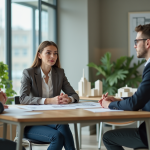 Jeune femme en réunion d'affaires avec collègues dans un bureau moderne