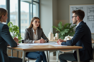 Jeune femme en réunion d'affaires avec collègues dans un bureau moderne
