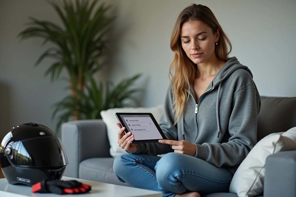 Femme révisant les séries type examen du code de la route moto sur une tablette dans un salon moderne