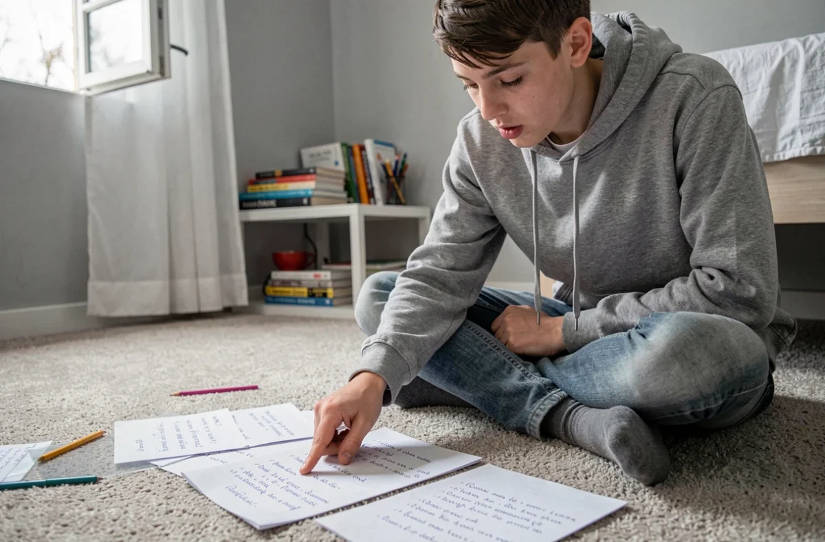 Adolescent révisant les conjugaisons du passé simple du verbe aller sur ses notes manuscrites posées sur le sol de sa chambre
