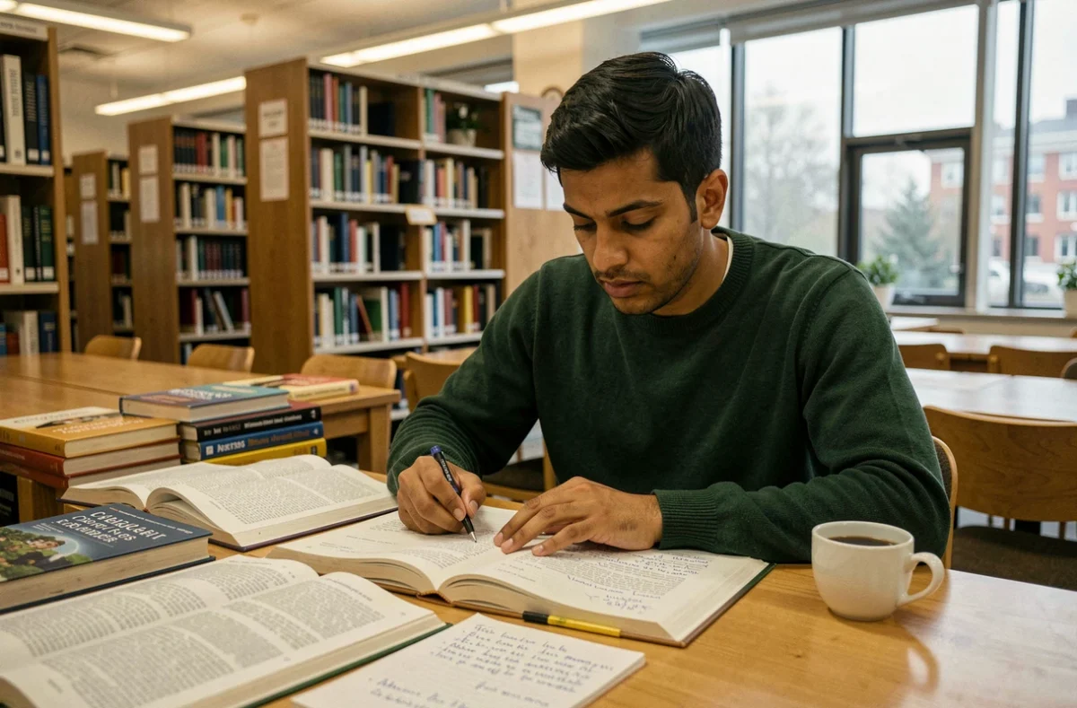 Jeune homme révisant les questions du questionnaire de naturalisation française à la bibliothèque