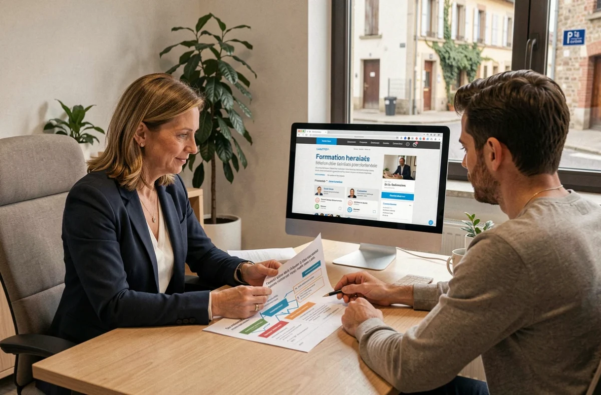 Conseillère en orientation professionnelle et un demandeur de formation dans les bureaux du SCPF en Centre-Val de Loire
