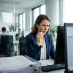 Secrétaire comptable femme travaillant sur des tableaux financiers dans un bureau moderne