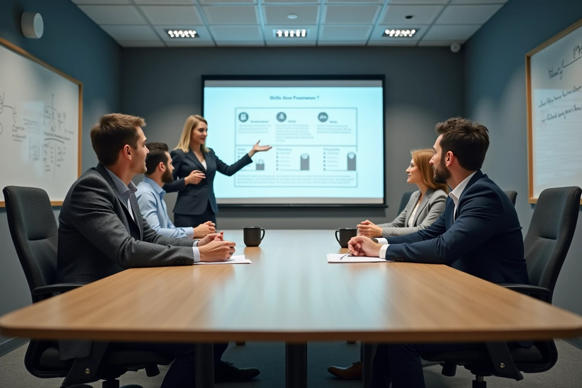Groupe de salariés adultes participant à une session de formation en entreprise autour d'une table de conférence avec présentation de compétences