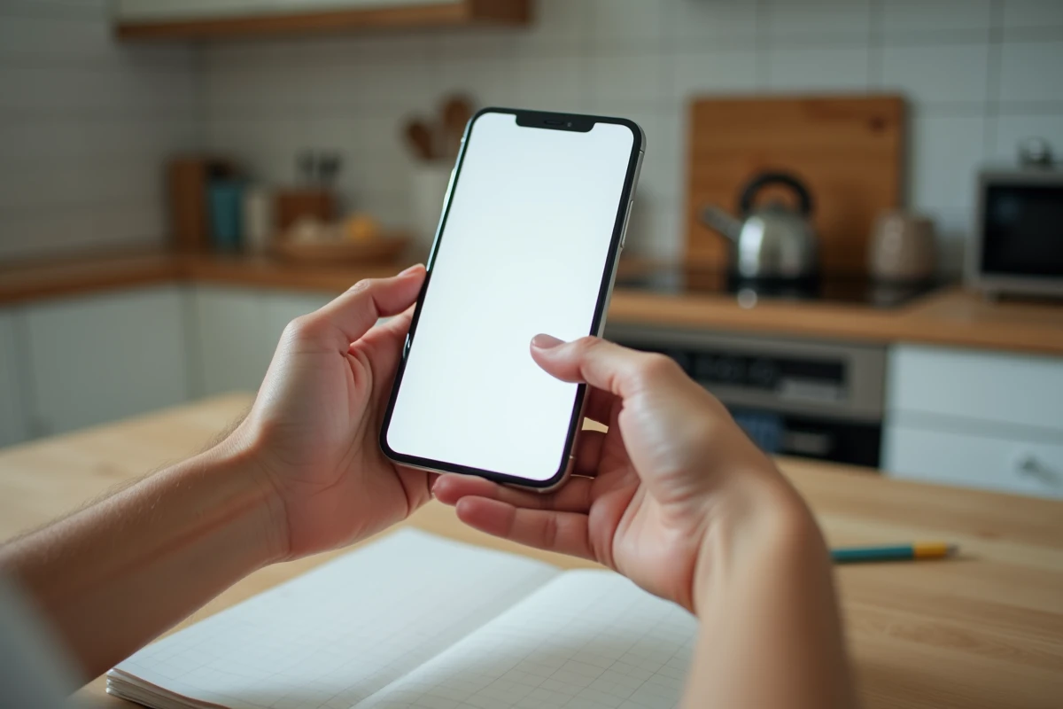 Mains tenant un smartphone avec application de cahier de texte numérique au-dessus d'un cahier papier ouvert sur une table de cuisine