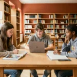 Groupe d'élèves étudiant ensemble dans une bibliothèque en Occitanie, illustrant le soutien scolaire dans la région