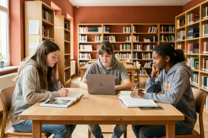 Groupe d'élèves étudiant ensemble dans une bibliothèque en Occitanie, illustrant le soutien scolaire dans la région