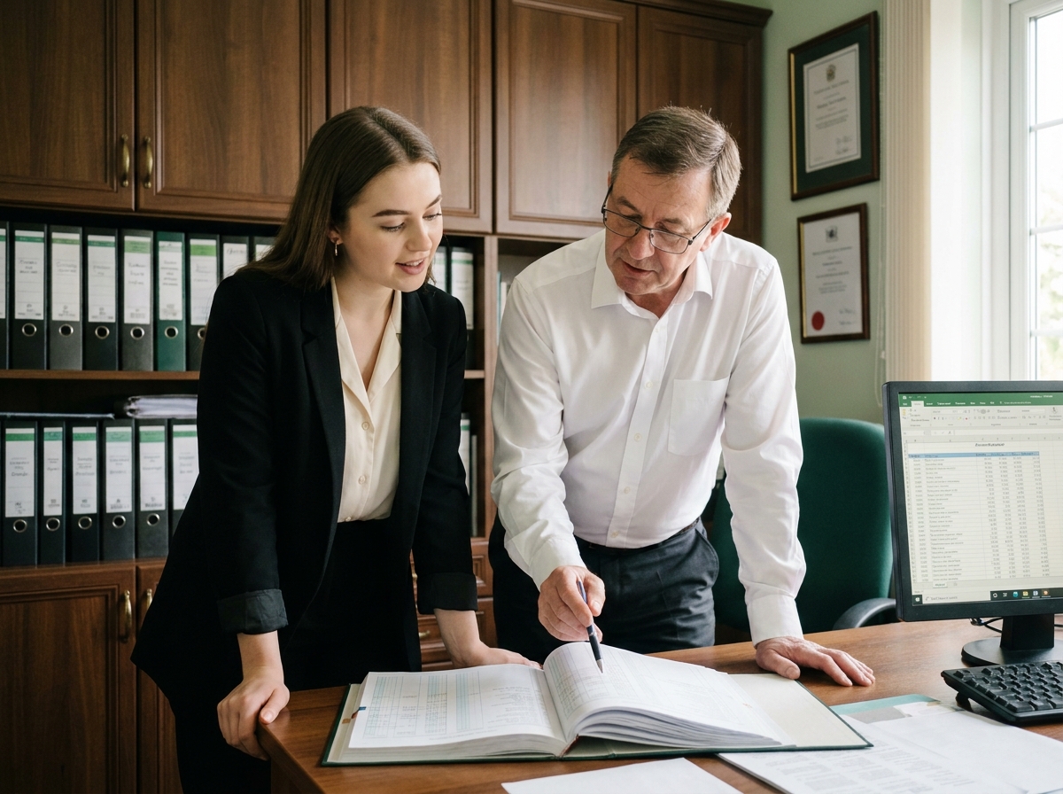 Stagiaire secrétaire comptable apprenant aux côtés d'un expert-comptable dans un cabinet